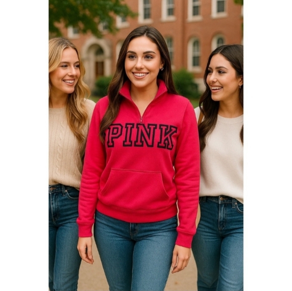 PINK VS Quarter Zip Up Sweatshirt Red Pepper 🌶️ & Black Block Logo - Picture 8 of 8